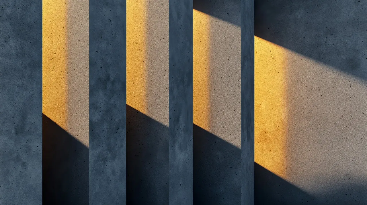 Golden evening light cast through tall windows onto raw concrete