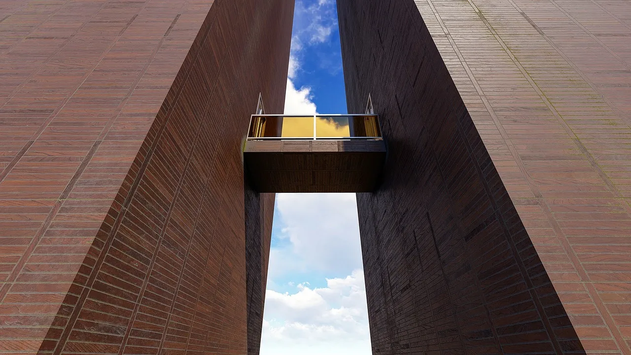 A narrow brick canyon with a suspended balcony and a slice of sky