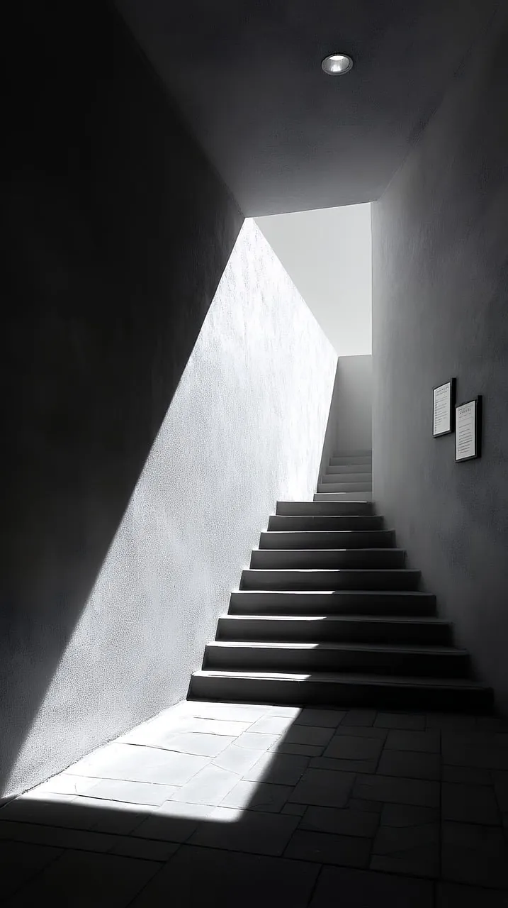 A stair climbing into a shaft of daylight, black and white